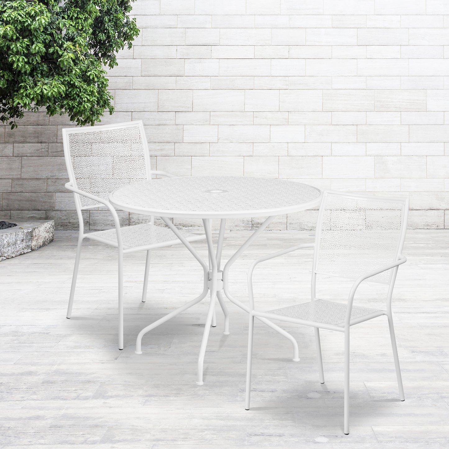 Oia Commercial Grade 35.25" Round White Indoor-Outdoor Steel Patio Table Set with 2 Square Back Chairs