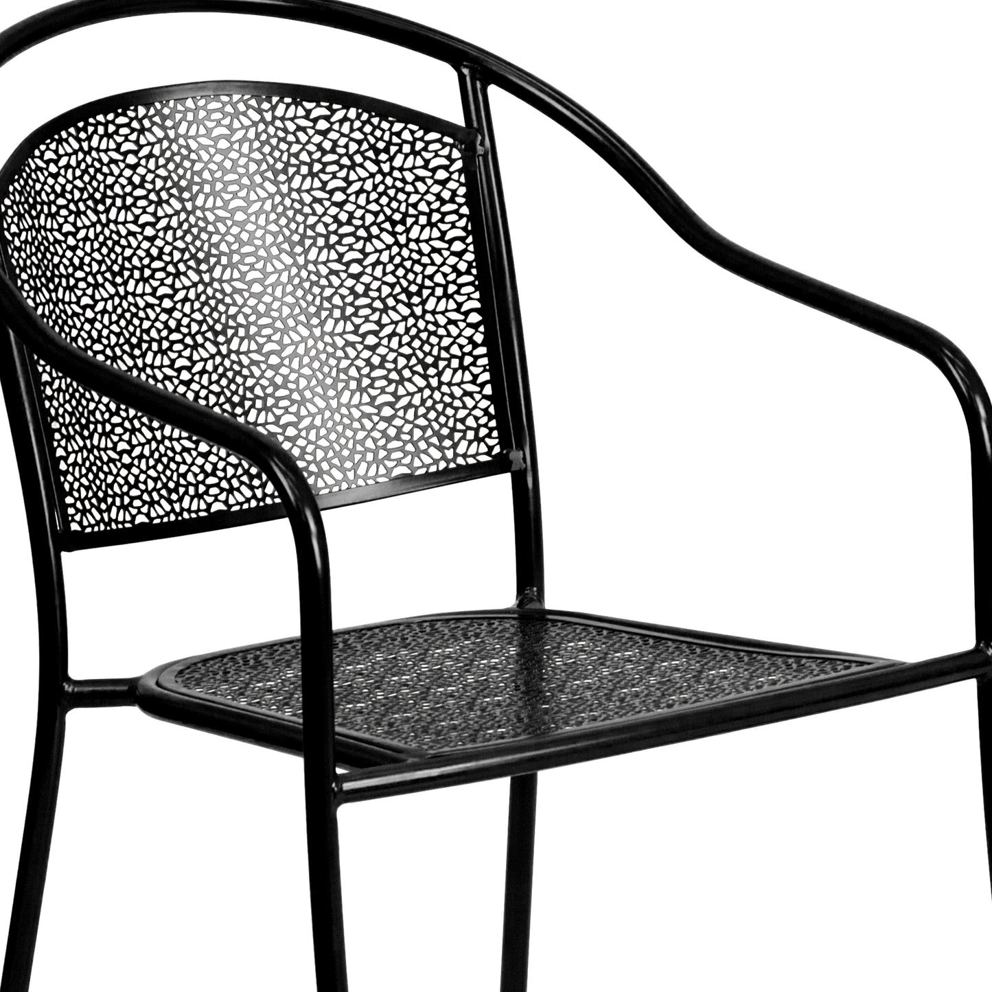 Oia Commercial Grade 35.25" Round Black Indoor-Outdoor Steel Patio Table Set with 4 Round Back Chairs