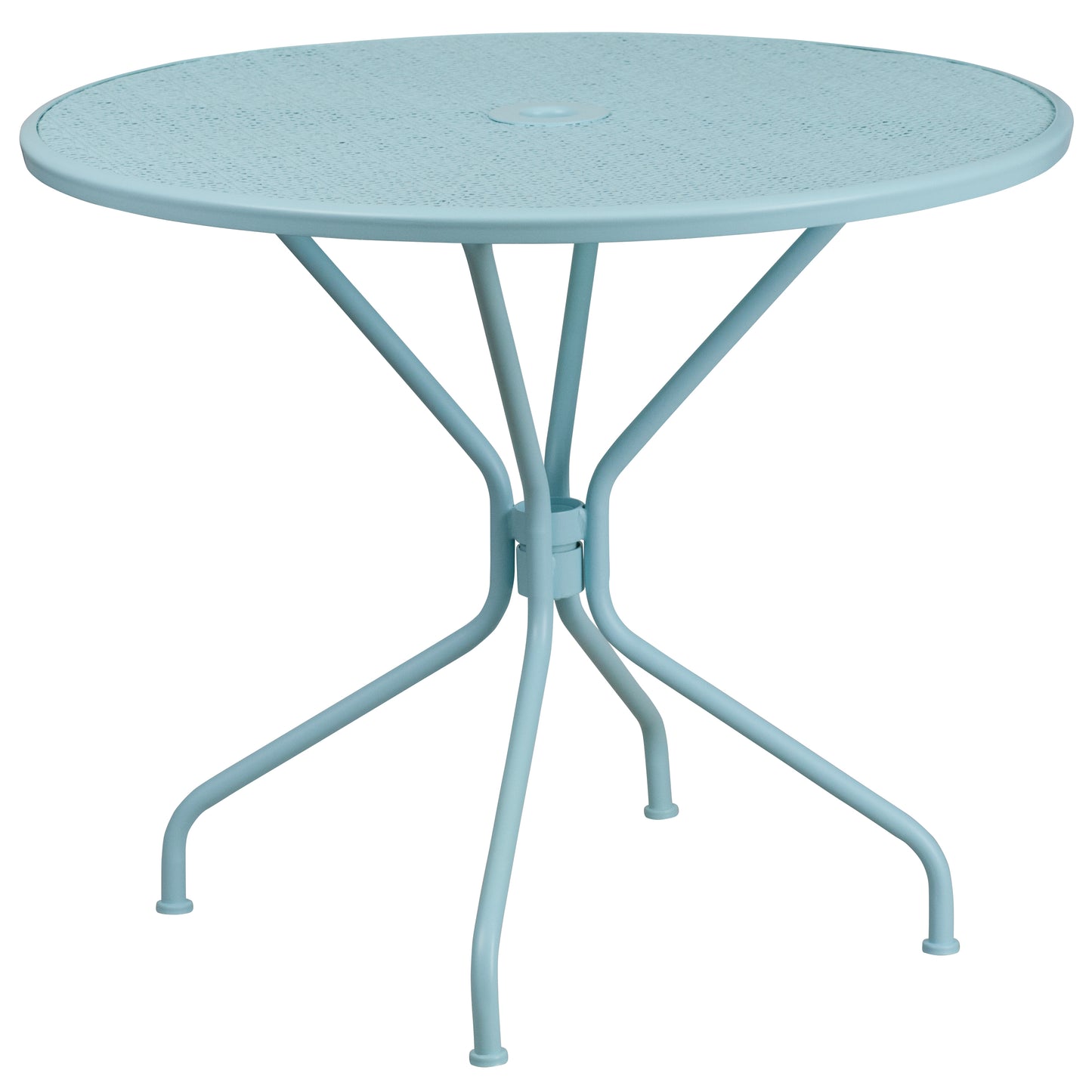 Oia Commercial Grade 35.25" Round Sky Blue Indoor-Outdoor Steel Patio Table Set with 4 Round Back Chairs