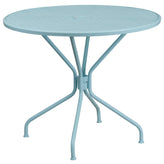 Oia Commercial Grade 35.25" Round Sky Blue Indoor-Outdoor Steel Patio Table Set with 4 Round Back Chairs