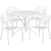Oia Commercial Grade 35.25" Round White Indoor-Outdoor Steel Patio Table Set with 4 Round Back Chairs