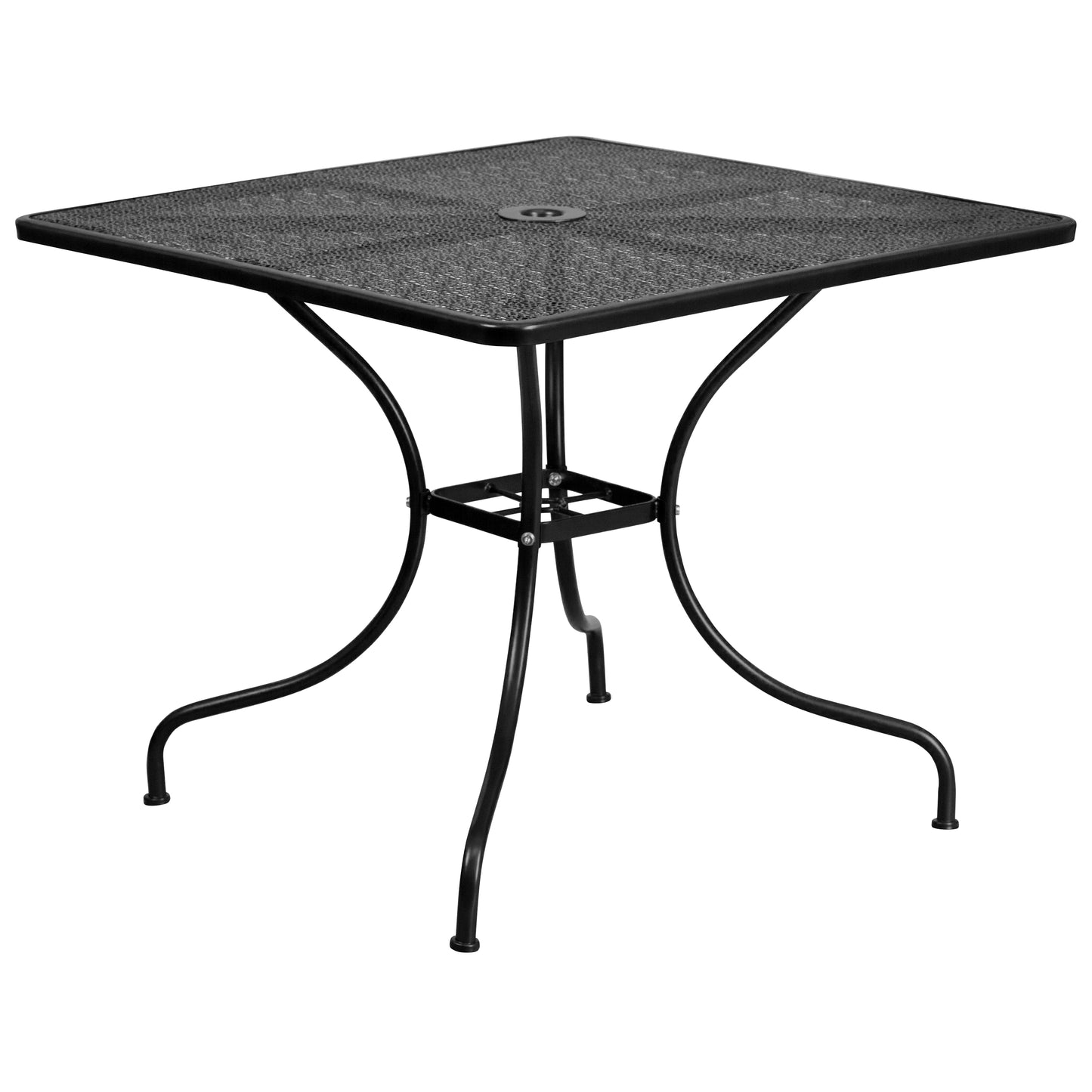 Oia Commercial Grade 35.5" Square Black Indoor-Outdoor Steel Patio Table Set with 2 Square Back Chairs