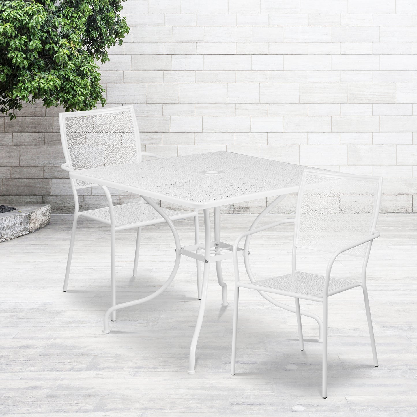 Oia Commercial Grade 35.5" Square White Indoor-Outdoor Steel Patio Table Set with 2 Square Back Chairs