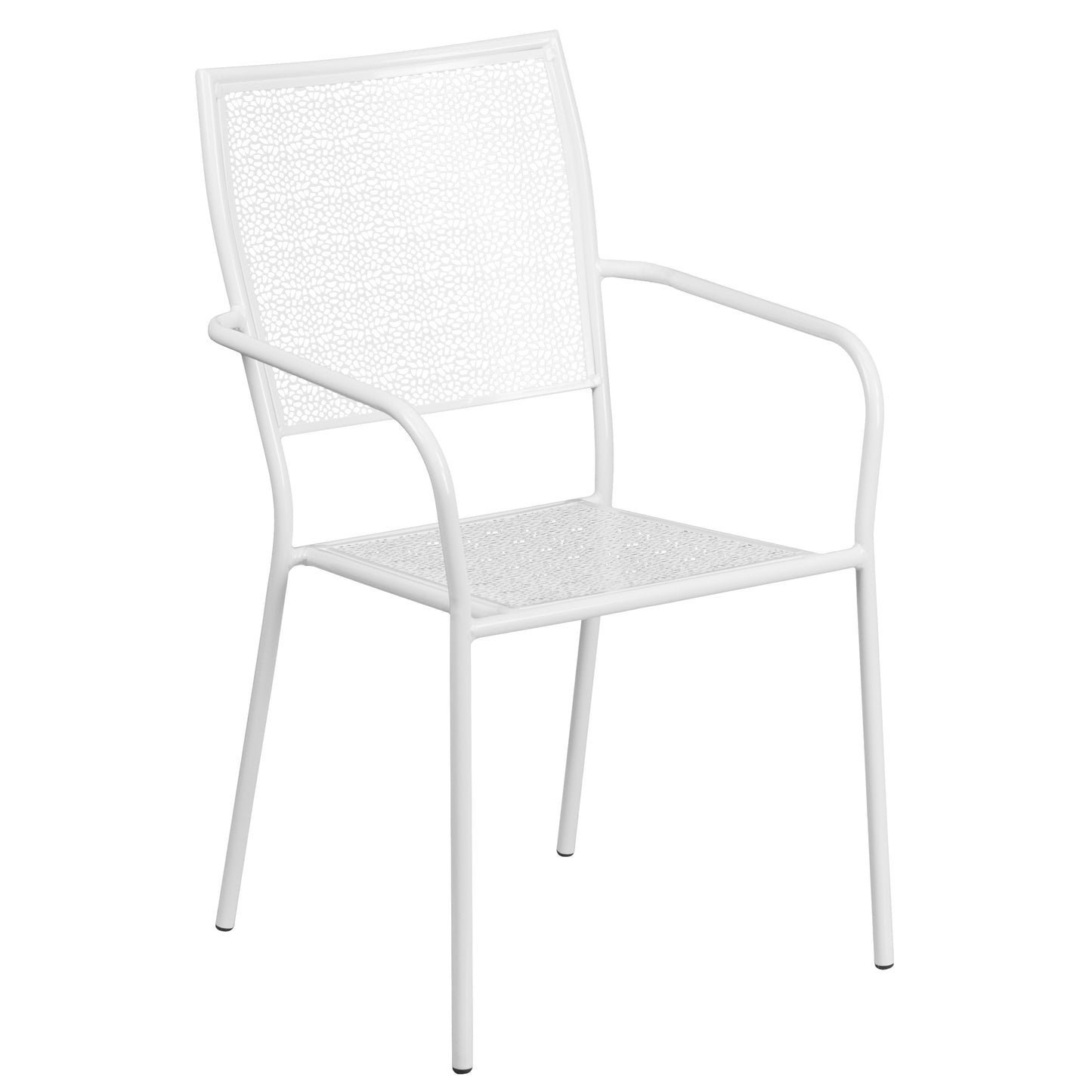 Oia Commercial Grade 35.5" Square White Indoor-Outdoor Steel Patio Table Set with 2 Square Back Chairs