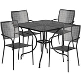 Oia 35.5" Square Black Outdoor Steel Patio Table Set with 4 Square Back Chairs