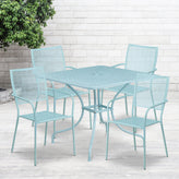 Oia Commercial Grade 35.5" Square Sky Blue Indoor-Outdoor Steel Patio Table Set with 4 Square Back Chairs