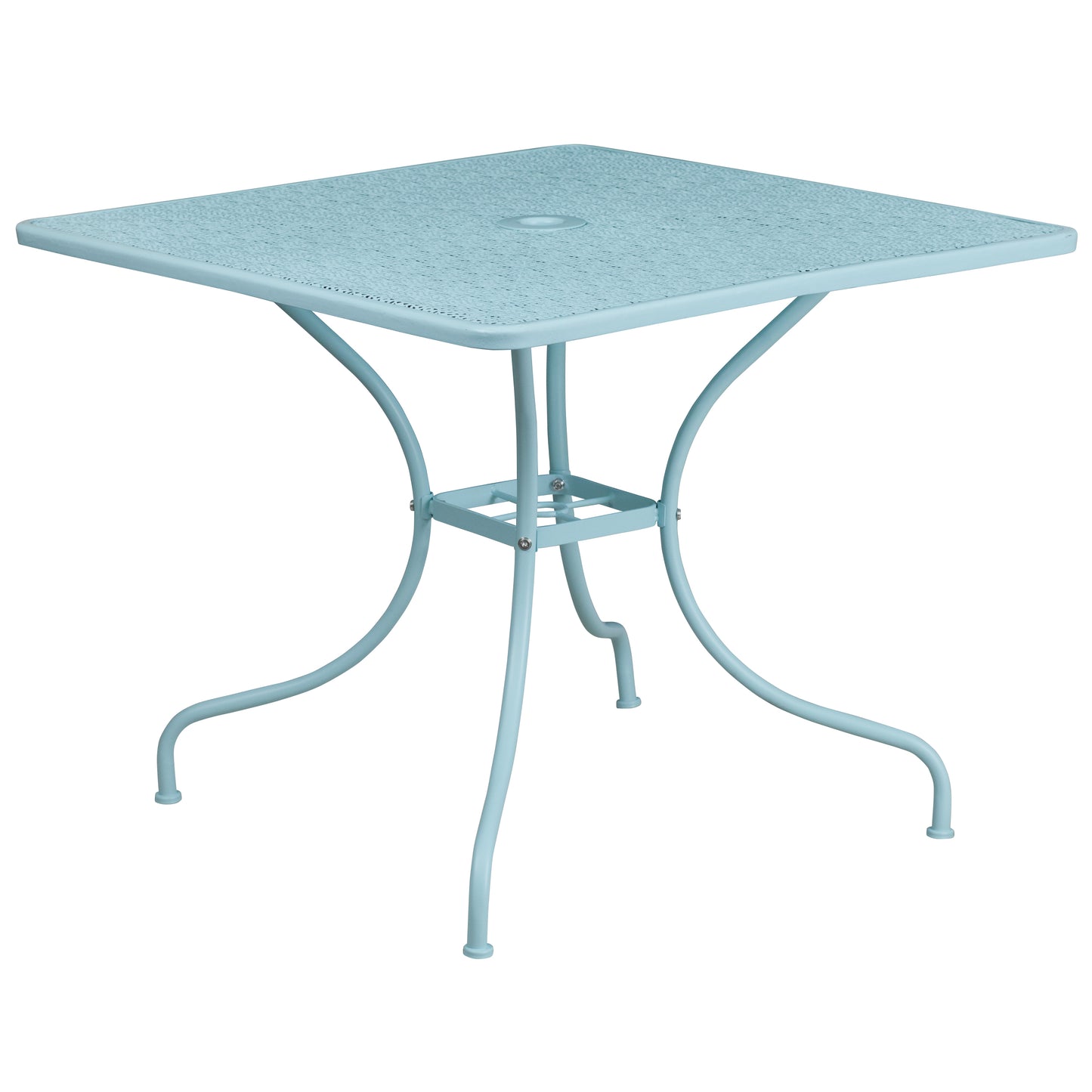 Oia Commercial Grade 35.5" Square Sky Blue Indoor-Outdoor Steel Patio Table Set with 4 Square Back Chairs