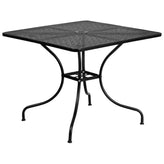 Oia Commercial Grade 35.5" Square Black Indoor-Outdoor Steel Patio Table Set with 2 Round Back Chairs
