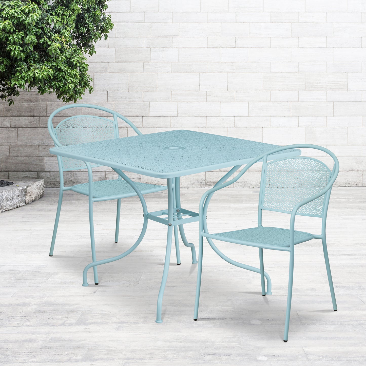 Oia Commercial Grade 35.5" Square Sky Blue Indoor-Outdoor Steel Patio Table Set with 2 Round Back Chairs