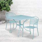 Oia Commercial Grade 35.5" Square Sky Blue Indoor-Outdoor Steel Patio Table Set with 2 Round Back Chairs