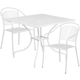 Oia Commercial Grade 35.5" Square White Indoor-Outdoor Steel Patio Table Set with 2 Round Back Chairs