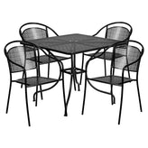 Oia 35.5" Square Black Outdoor Steel Patio Table Set with 4 Round Back Chairs