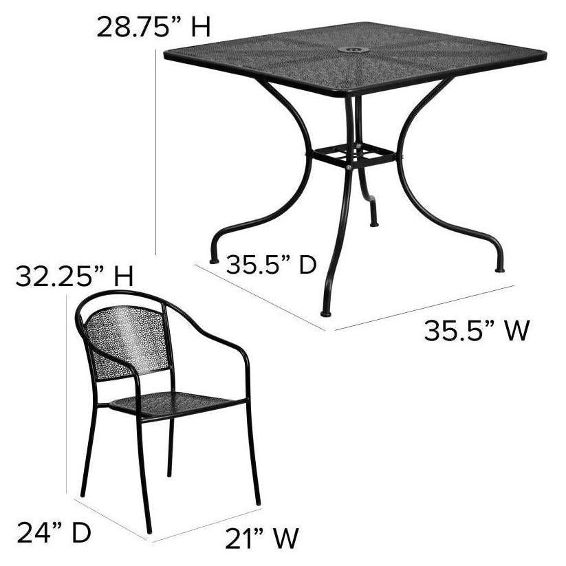 Oia 35.5" Square Black Outdoor Steel Patio Table Set with 4 Round Back Chairs