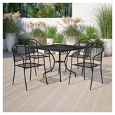 Oia 35.5" Square Black Outdoor Steel Patio Table Set with 4 Round Back Chairs