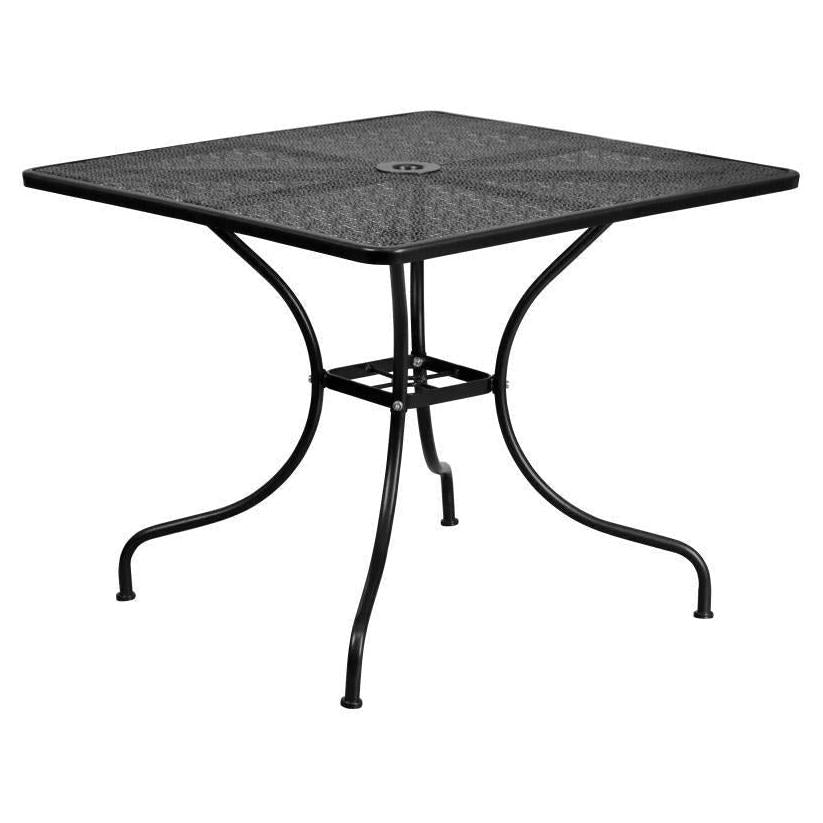 Oia 35.5" Square Black Outdoor Steel Patio Table Set with 4 Round Back Chairs