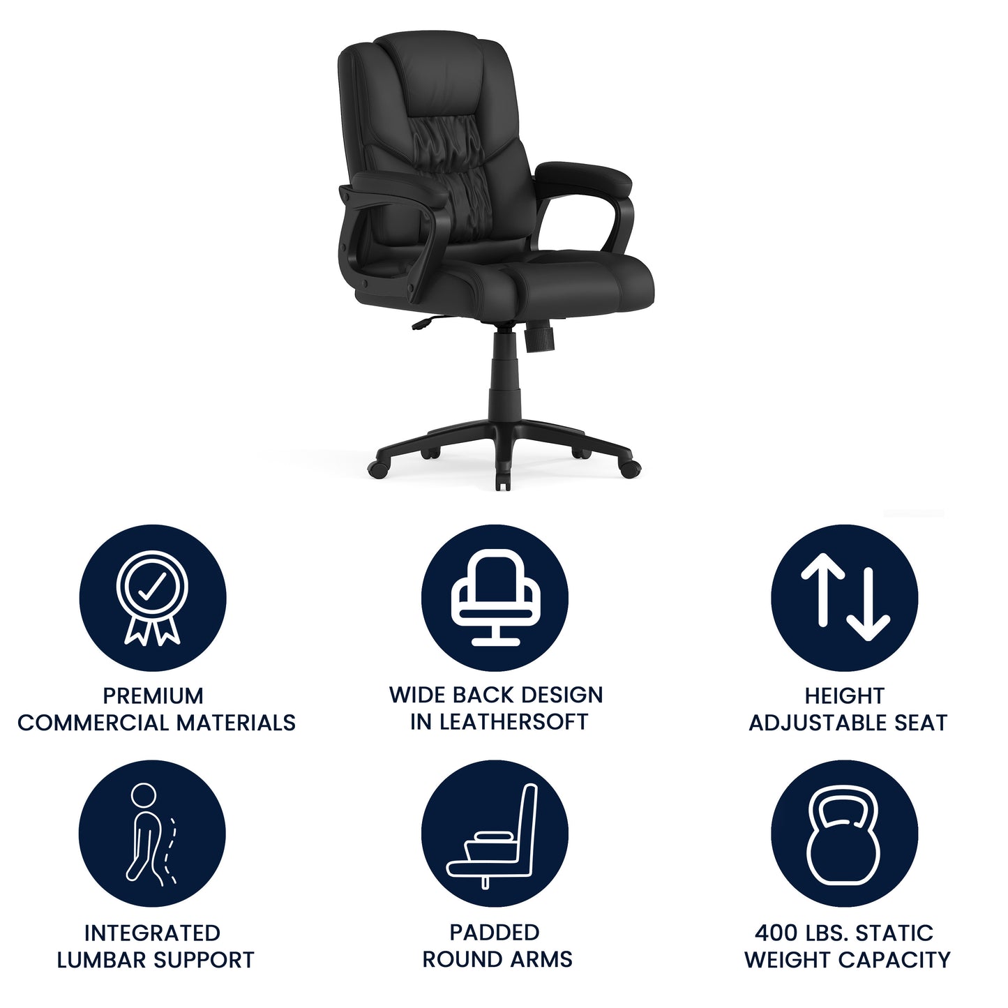 Flash Fundamentals Big & Tall 400 lb. Rated Black LeatherSoft Swivel Office Chair with Padded Arms