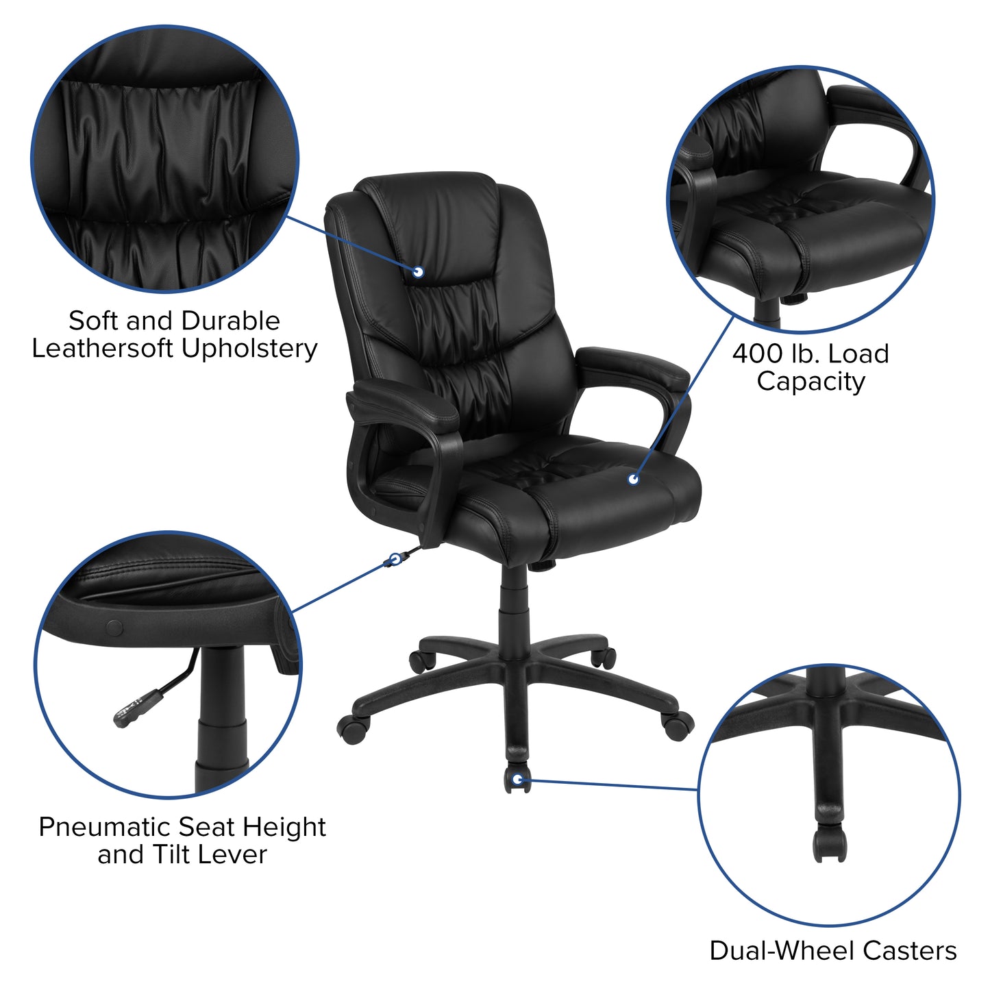 Flash Fundamentals Big & Tall 400 lb. Rated Black LeatherSoft Swivel Office Chair with Padded Arms