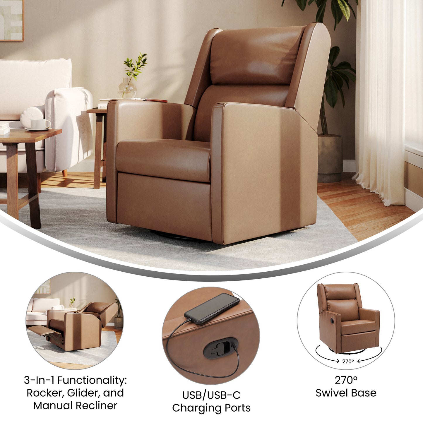 Cash Swivel Glider Rocker Manual Recliner Chair, 270 Degree Swivel, USB/USB-C Charging Ports, Perfect for Living Room or Nursery, Cognac LeatherSoft