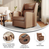 Cash Swivel Glider Rocker Manual Recliner Chair, 270 Degree Swivel, USB/USB-C Charging Ports, Perfect for Living Room or Nursery, Cognac LeatherSoft