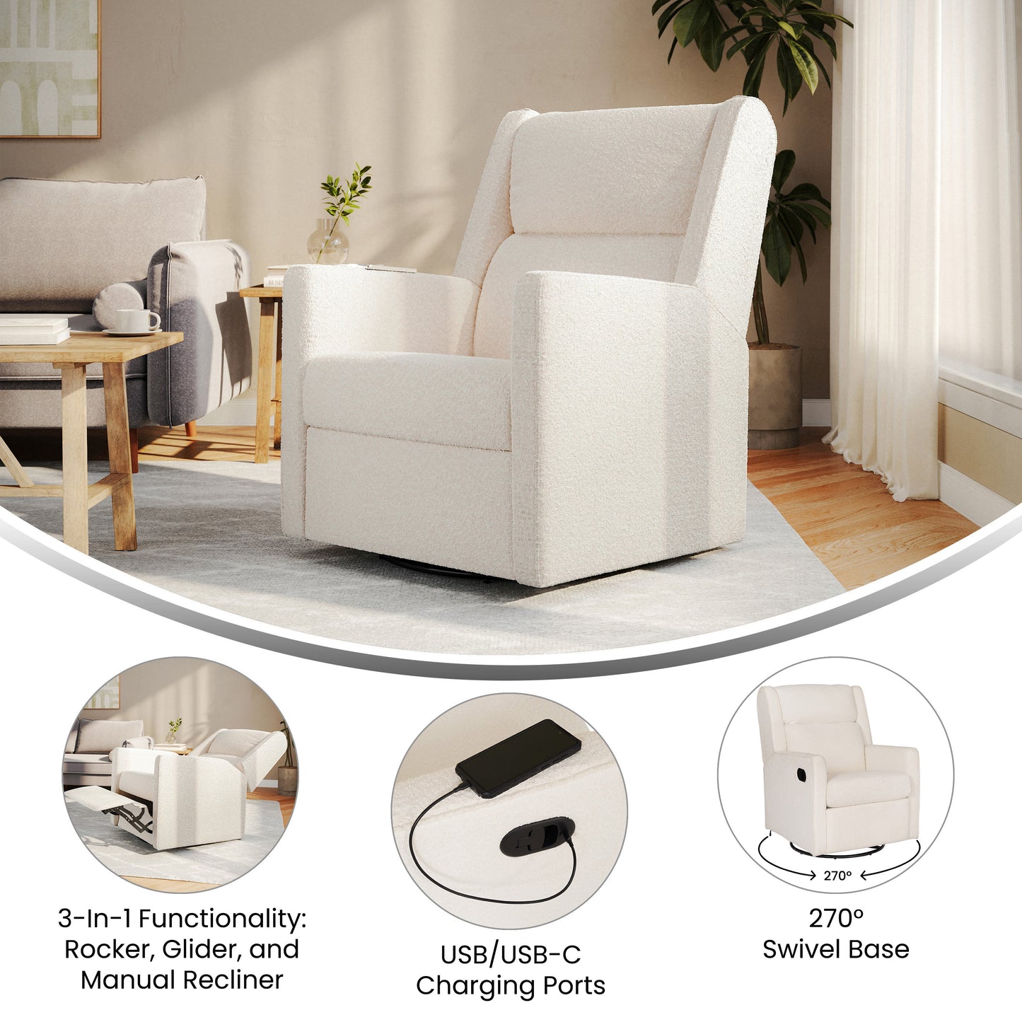 Cash Swivel Glider Rocker Manual Recliner Chair, 270 Degree Swivel, USB/USB-C Charging Ports, Perfect for Living Room or Nursery, Off-White Boucle