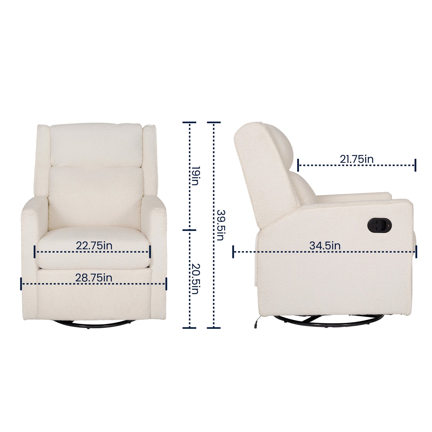 Cash Swivel Glider Rocker Manual Recliner Chair, 270 Degree Swivel, USB/USB-C Charging Ports, Perfect for Living Room or Nursery, Off-White Boucle