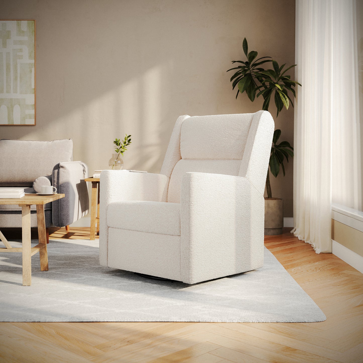 Cash Swivel Glider Rocker Manual Recliner Chair, 270 Degree Swivel, USB/USB-C Charging Ports, Perfect for Living Room or Nursery, Off-White Boucle