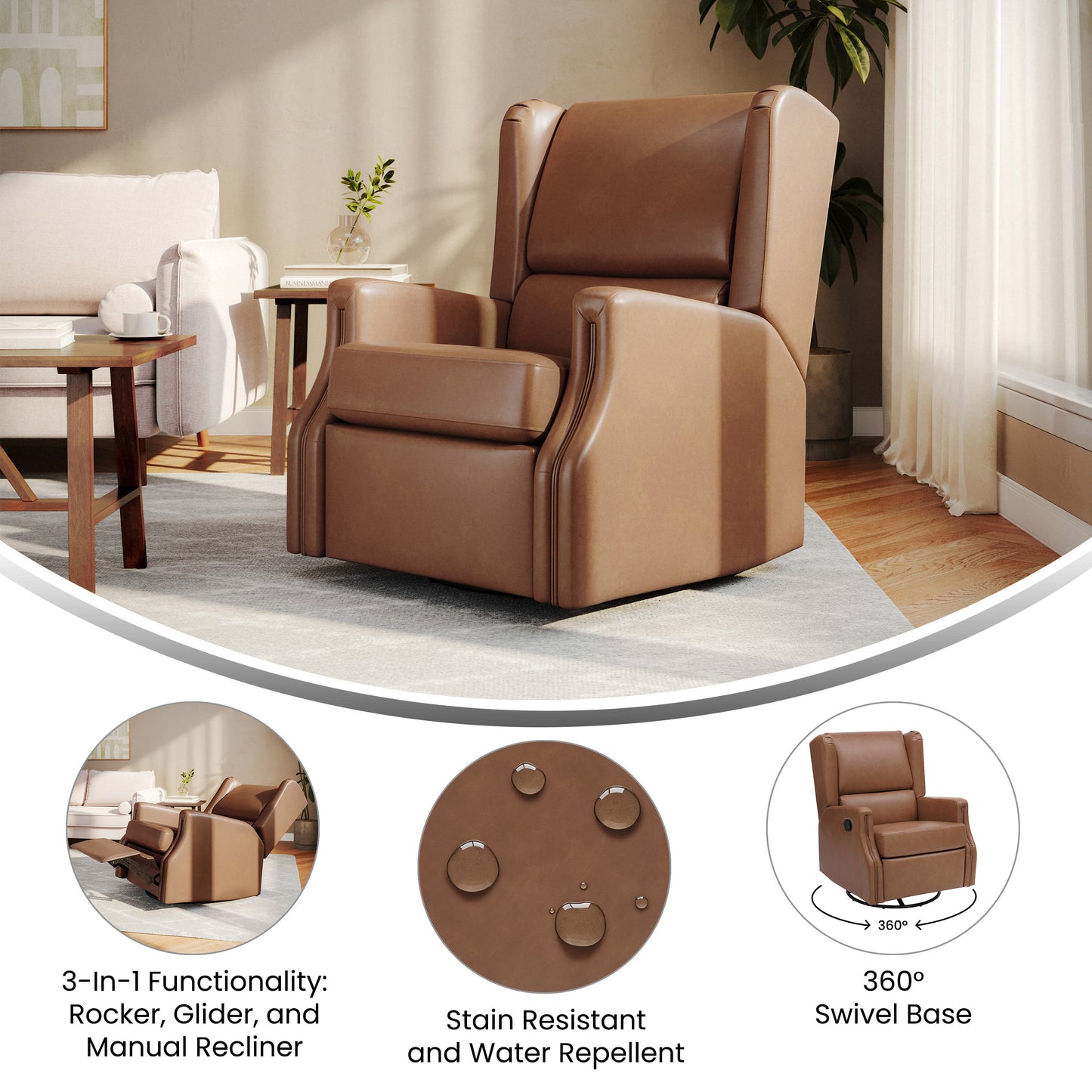 Omma Swivel Glider Rocker Recliner Chair, Manual 360 Degree Swivel Wingback Recliner Perfect for Living Room, Bedroom, or Nursery in Cognac PU