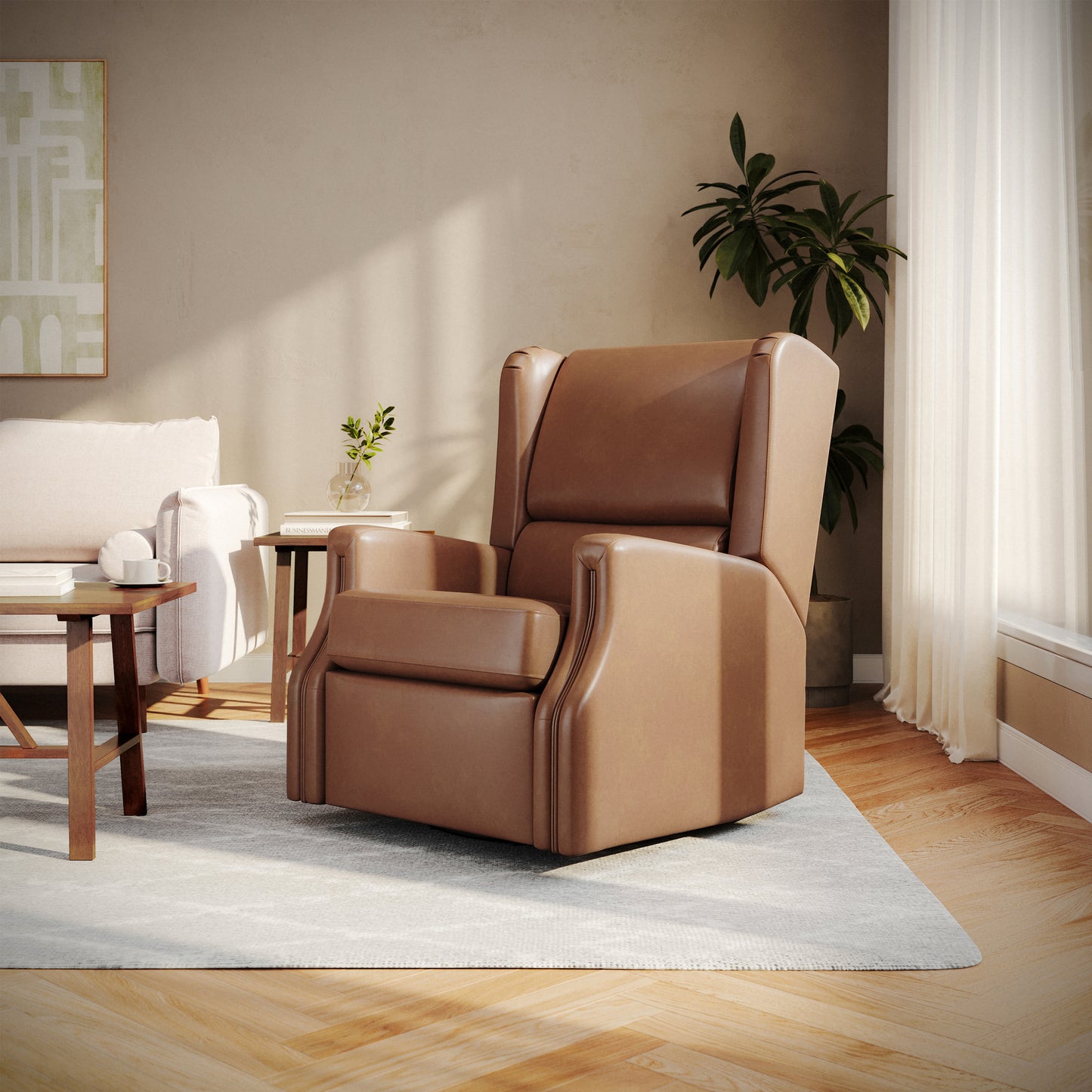 Omma Swivel Glider Rocker Recliner Chair, Manual 360 Degree Swivel Wingback Recliner Perfect for Living Room, Bedroom, or Nursery in Cognac PU