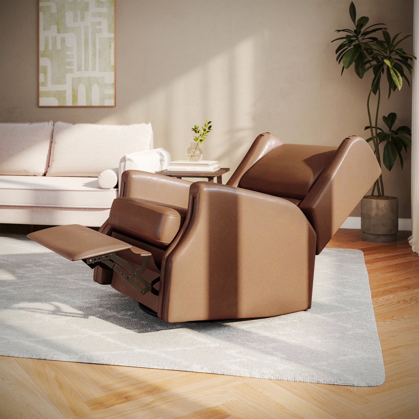 Omma Swivel Glider Rocker Recliner Chair, Manual 360 Degree Swivel Wingback Recliner Perfect for Living Room, Bedroom, or Nursery in Cognac PU
