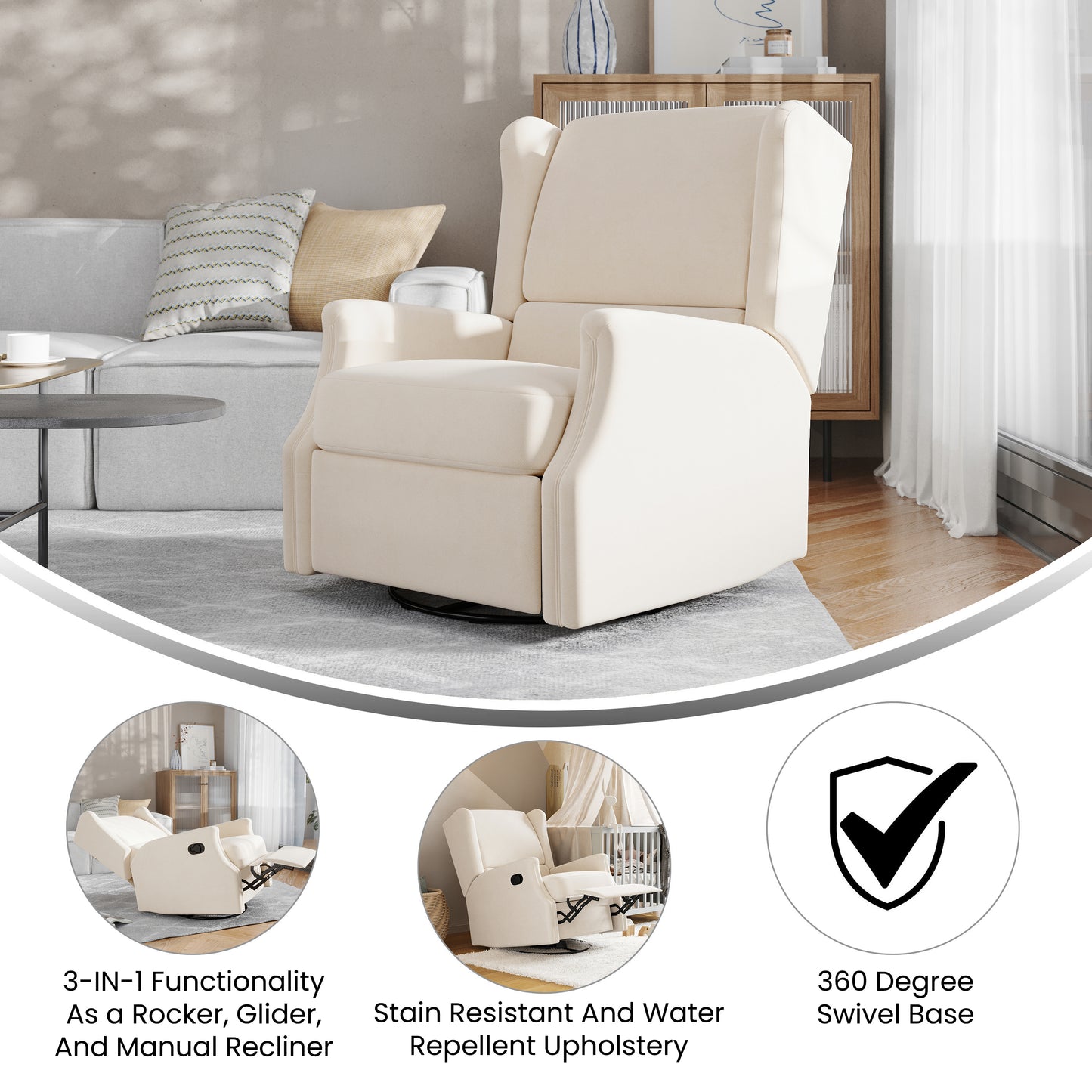 Omma Swivel Glider Rocker Recliner Chair, Manual 360 Degree Swivel Wingback Recliner Perfect for Living Room, Bedroom, or Nursery in Cream