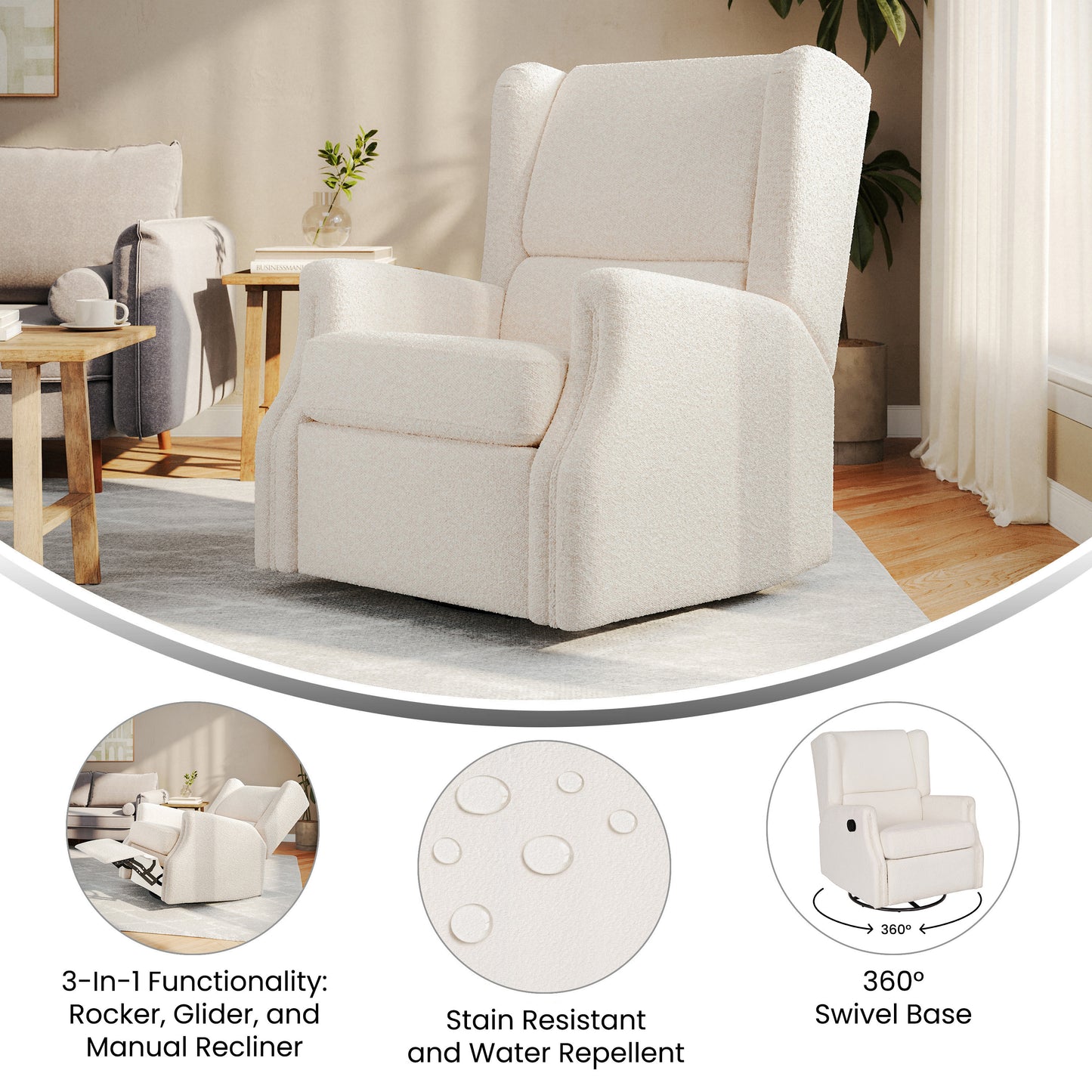 Omma Swivel Glider Rocker Recliner Chair, Manual 360 Degree Swivel Wingback Recliner Perfect for Living Room, Bedroom, or Nursery in Off-White Boucle