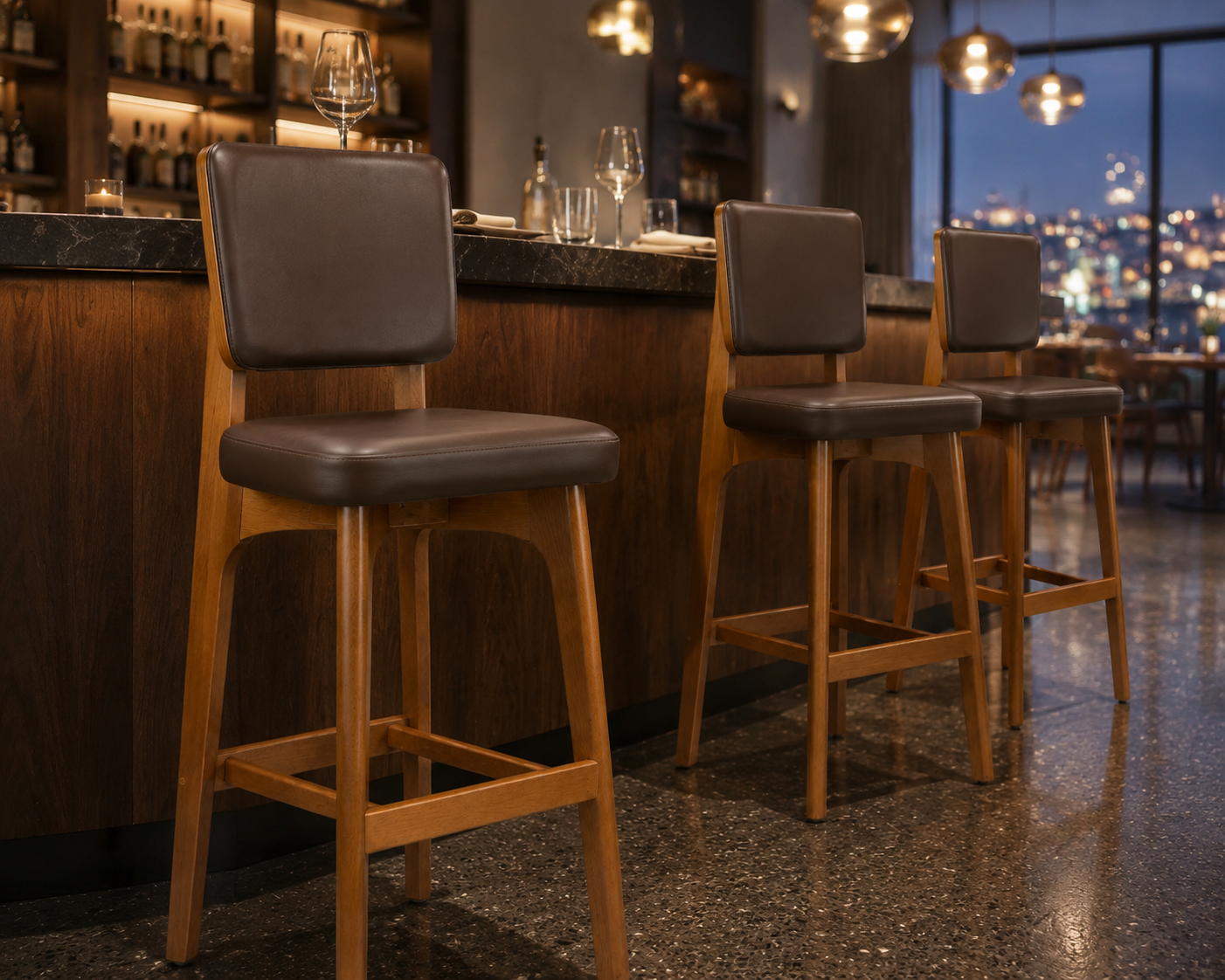 Custom European Beech Wood Bar Stools in Brown Vinyl - Set of 12
