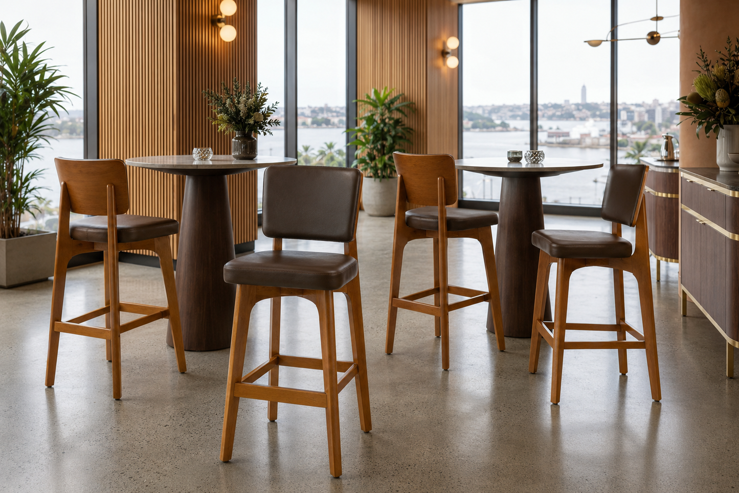 Custom European Beech Wood Bar Stools in Brown Vinyl - Set of 12