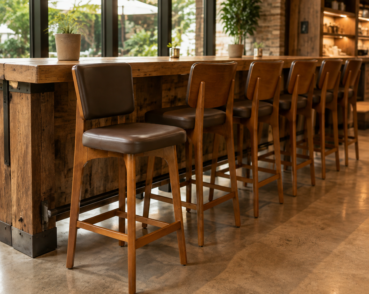 Custom European Beech Wood Bar Stools in Brown Vinyl - Set of 12