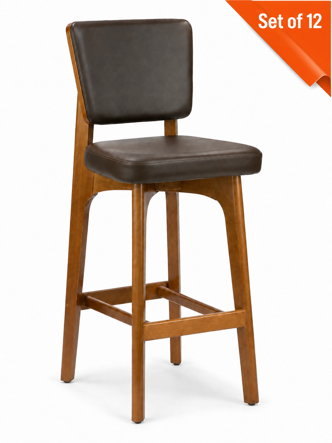 Custom European Beech Wood Bar Stools in Brown Vinyl - Set of 12