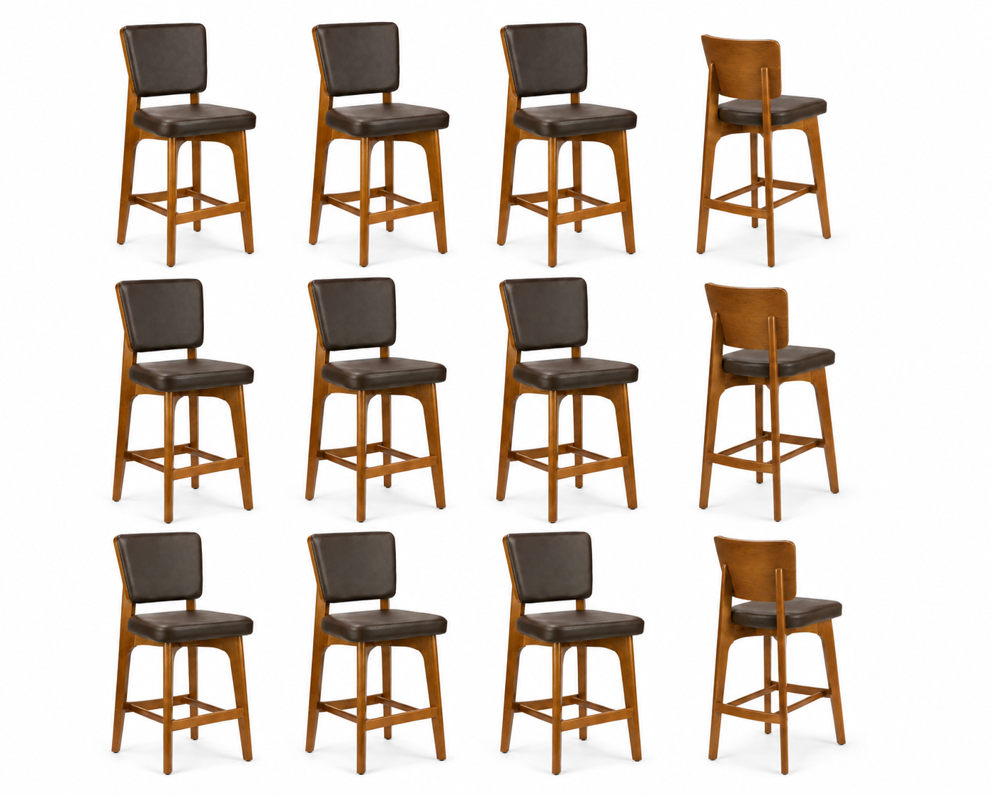 Custom European Beech Wood Bar Stools in Brown Vinyl - Set of 12