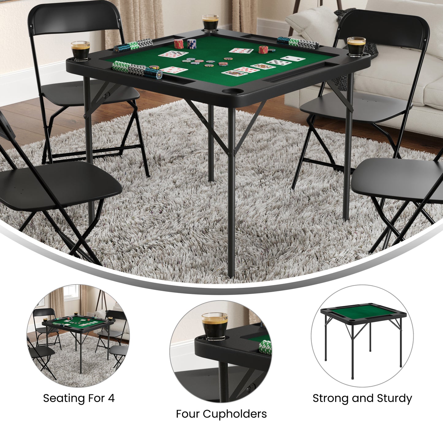 Silas 34.5" Square 4-Player Black Folding Card Game Table with Green Playing Surface and Cup Holders