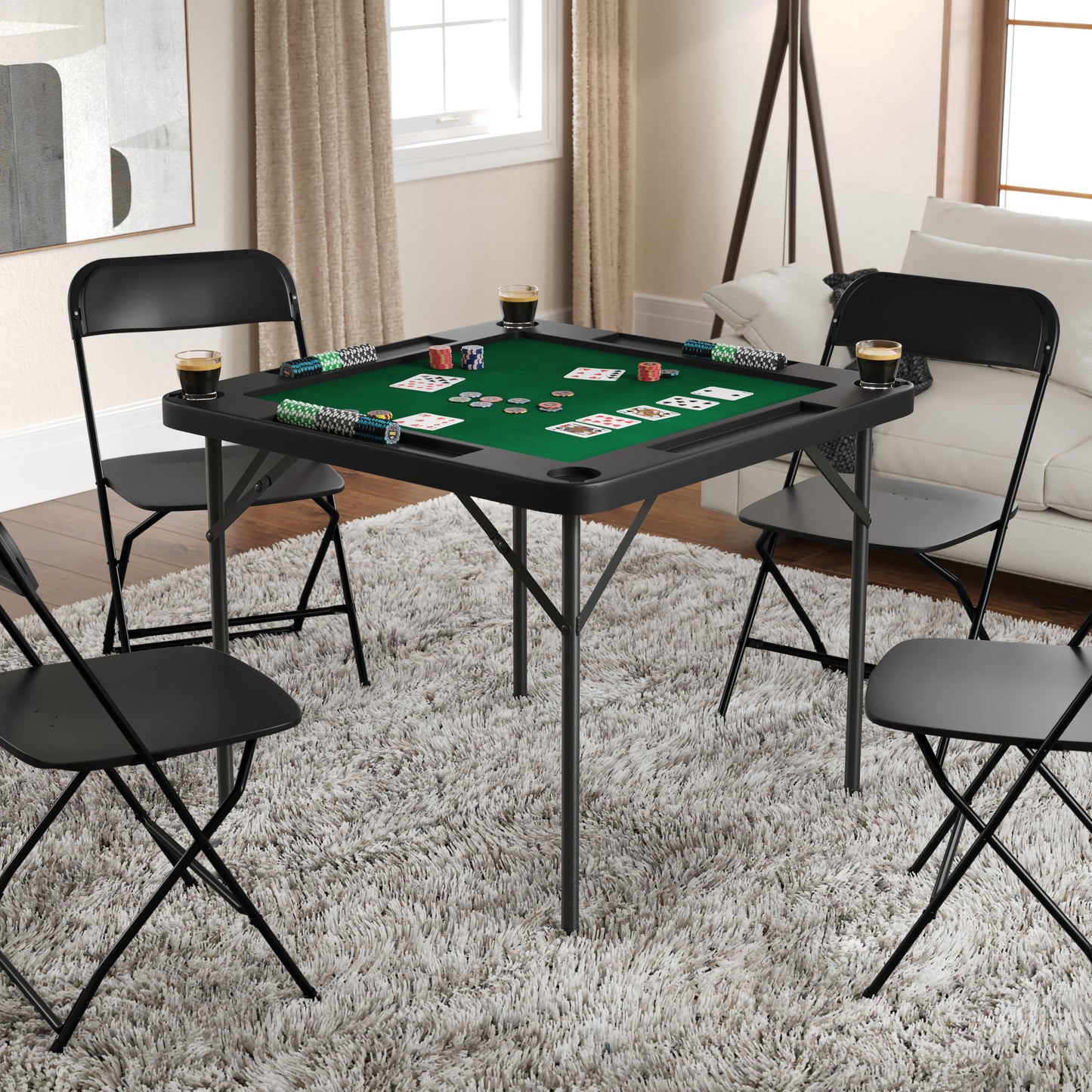 Silas 34.5" Square 4-Player Black Folding Card Game Table with Green Playing Surface and Cup Holders