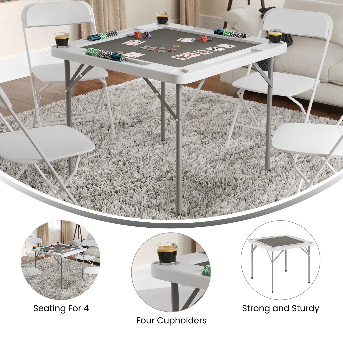 Silas 34.5" Square 4-Player White Folding Card Game Table with Gray Playing Surface and Cup Holders