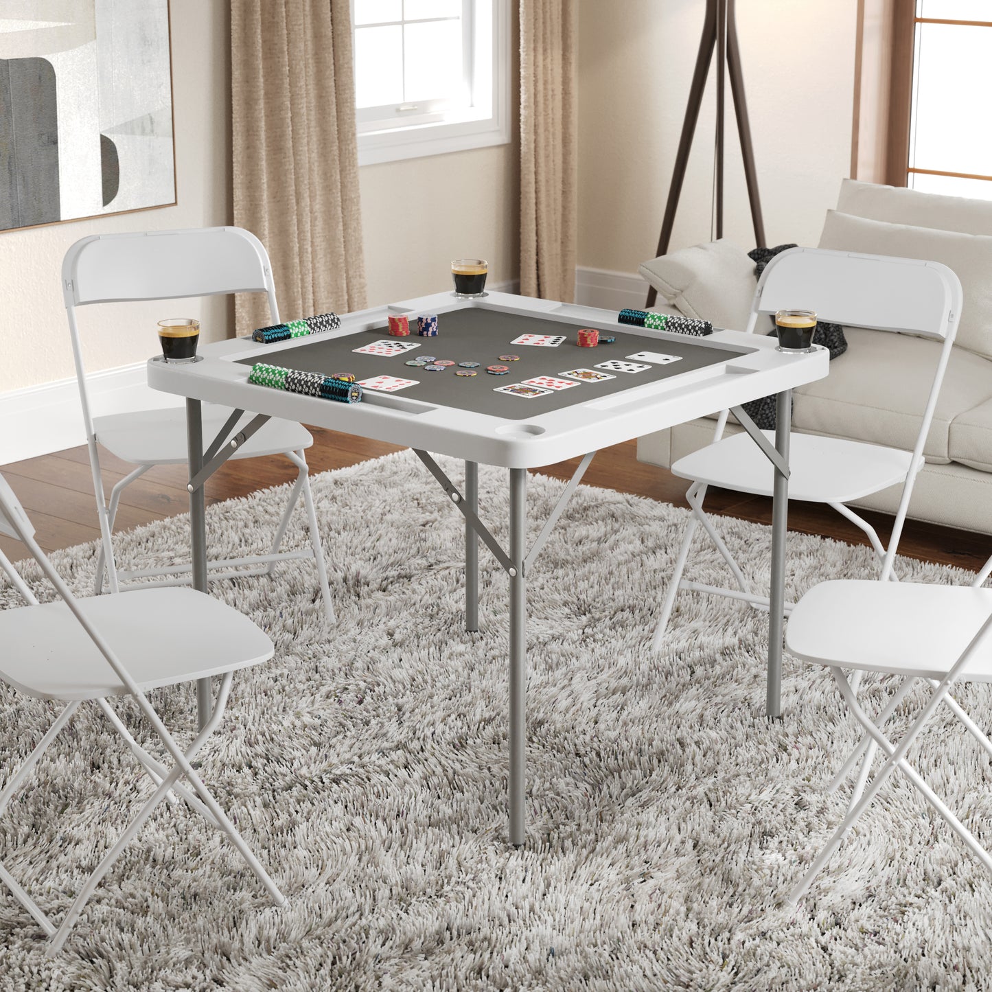 Silas 34.5" Square 4-Player White Folding Card Game Table with Gray Playing Surface and Cup Holders