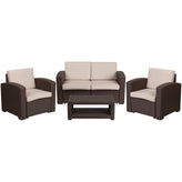 Seneca 4 Piece Outdoor Faux Rattan Chair, Loveseat and Table Set in Seneca Chocolate Brown
