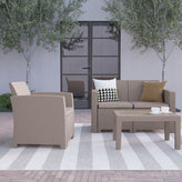 Seneca 4 Piece Outdoor Faux Rattan Chair, Loveseat and Table Set in Seneca Light Gray