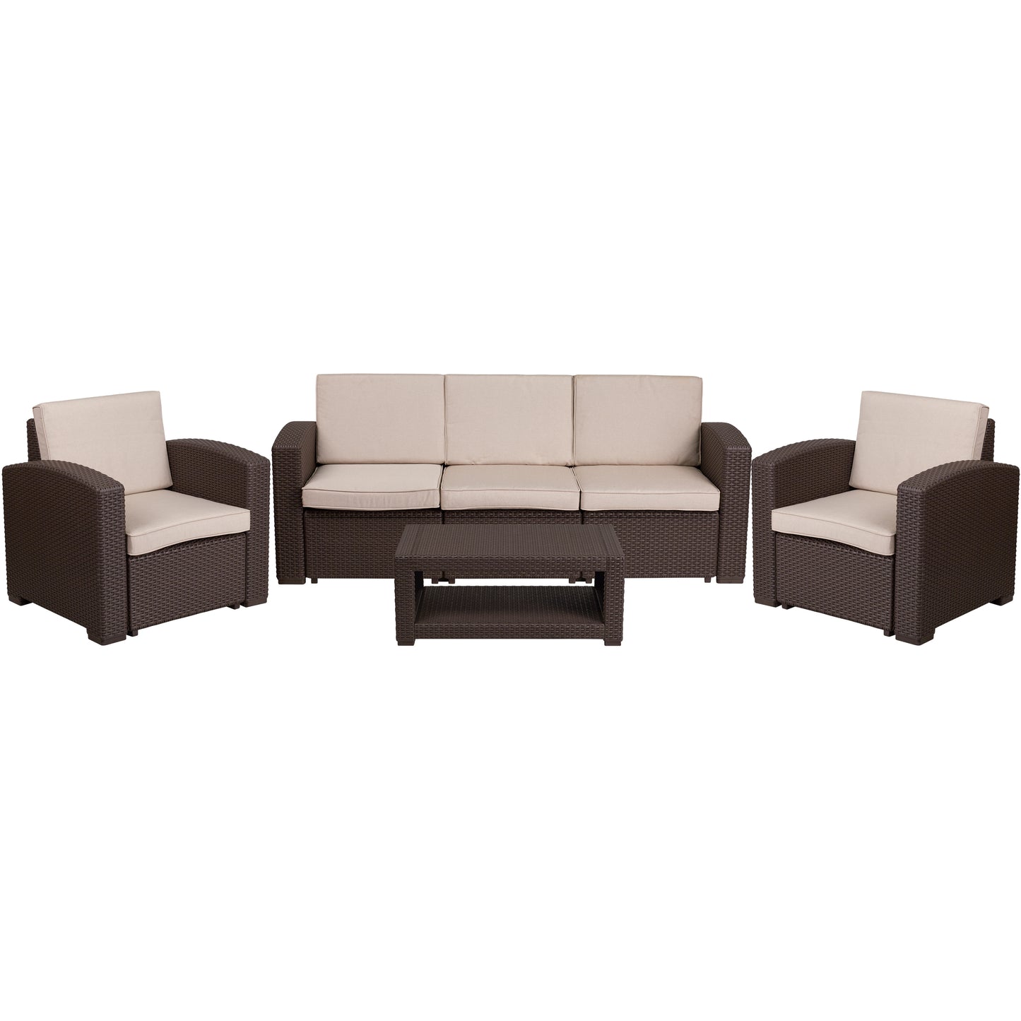 Seneca 4 Piece Outdoor Faux Rattan Chair, Sofa and Table Set in Seneca Chocolate Brown