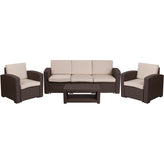 Seneca 4 Piece Outdoor Faux Rattan Chair, Sofa and Table Set in Seneca Chocolate Brown