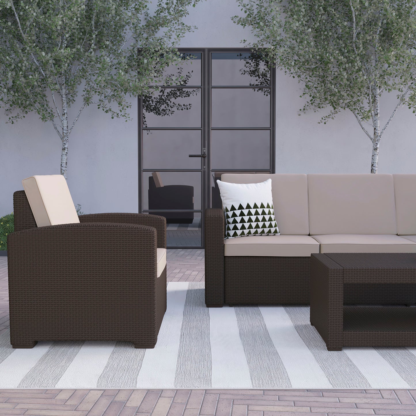 Seneca 4 Piece Outdoor Faux Rattan Chair, Sofa and Table Set in Seneca Chocolate Brown