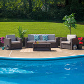Seneca 4 Piece Outdoor Faux Rattan Chair, Sofa and Table Set in Seneca Chocolate Brown