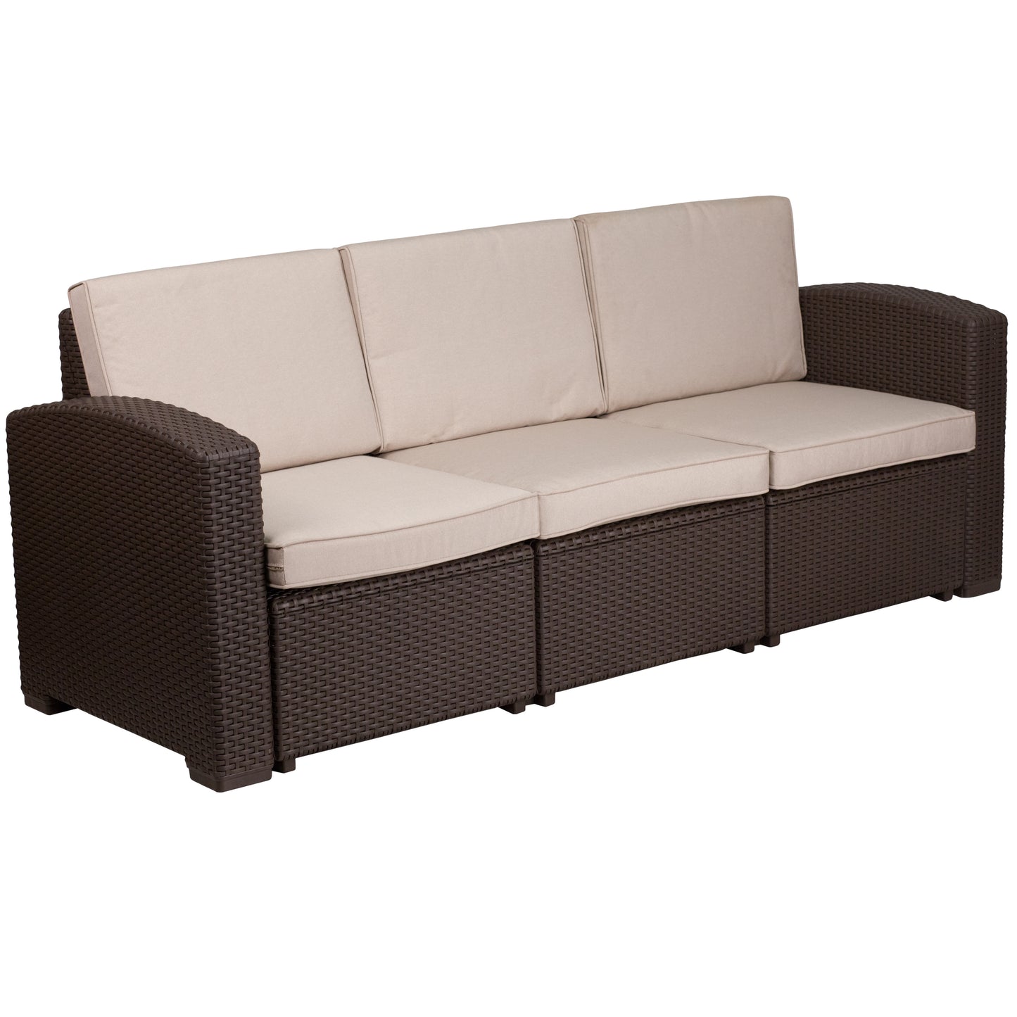 Seneca 4 Piece Outdoor Faux Rattan Chair, Sofa and Table Set in Seneca Chocolate Brown