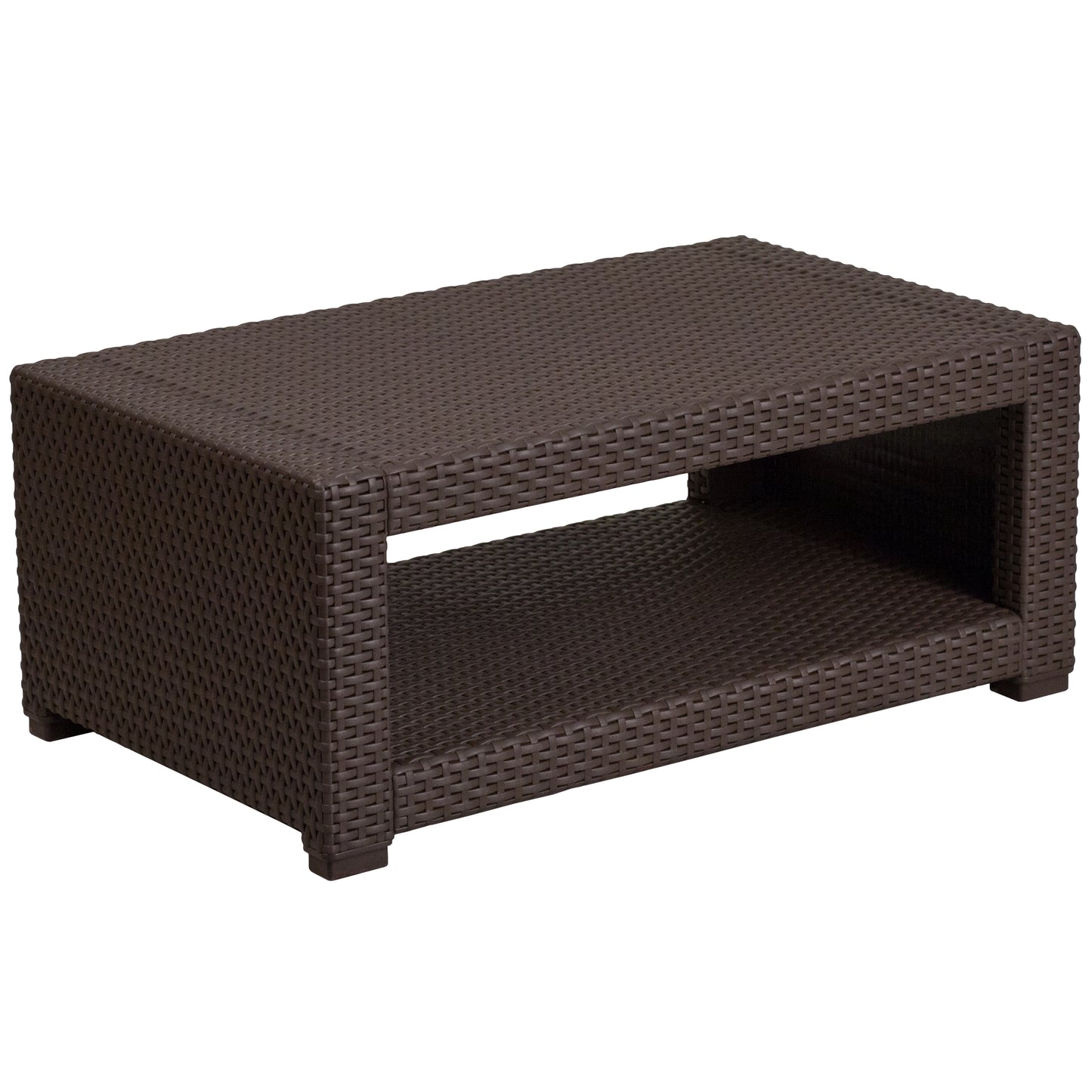 Seneca 4 Piece Outdoor Faux Rattan Chair, Sofa and Table Set in Seneca Chocolate Brown