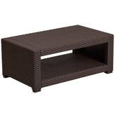 Seneca 4 Piece Outdoor Faux Rattan Chair, Sofa and Table Set in Seneca Chocolate Brown