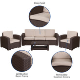 Seneca 4 Piece Outdoor Faux Rattan Chair, Sofa and Table Set in Seneca Chocolate Brown